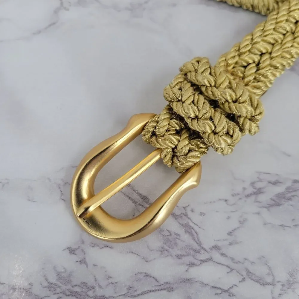 Vintage Metallic Gold Braided Rope Woven Belt with Metal Buckle
